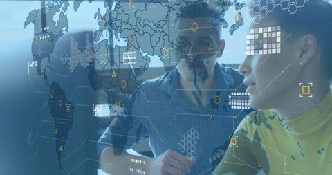 Multinational team analyzing interactive transparent world map dashboard for data analytics