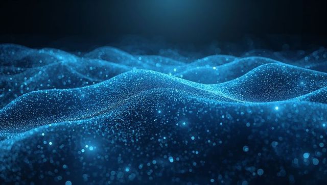 Rippling glowing particle wavefield undulating across virtual blue seascape with bokeh highlights