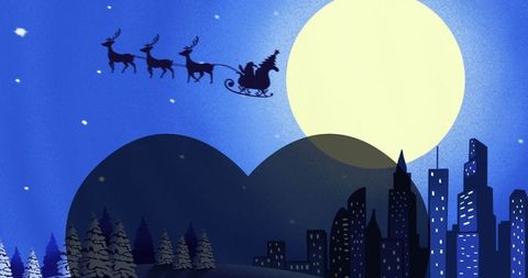 Santa claus flying over cityscape bright full moon night
