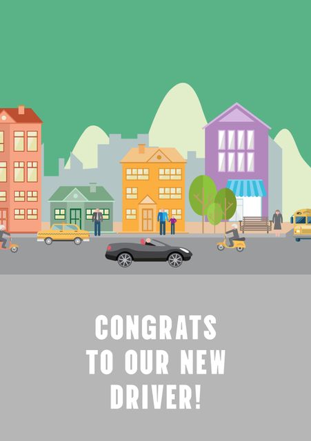 A celebratory poster featuring a colorful street with diverse buildings, cars, and pedestrians. The message 'Congrats to our new driver!' is displayed prominently. Ideal for driving schools, car dealerships, or gifting to a new driver to celebrate the achievement and milestone.