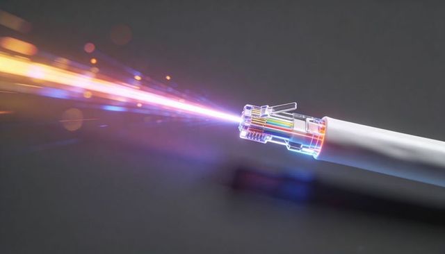 Neon data stream emitting from rj45 connector representing high-speed network transmission