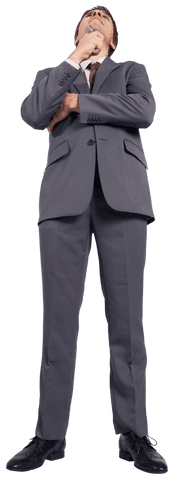 Thoughtful transparent businessman holding pen planning ideas