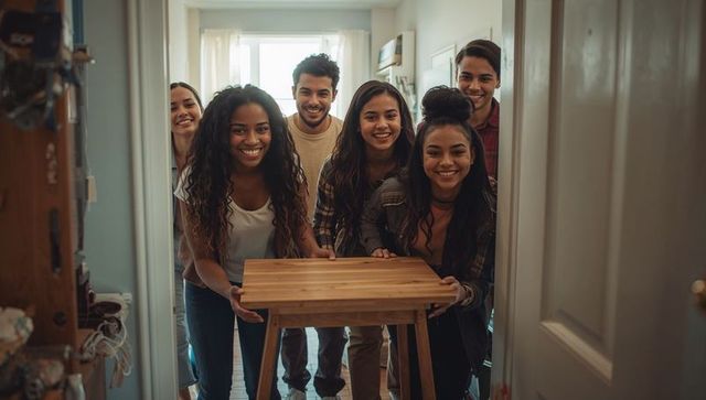 Friends carrying wooden table through narrow apartment hallway smiling during move-in
