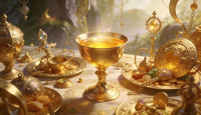 Gilded chalice emitting molten gold glow surrounded by ornate treasure, coins, jewels