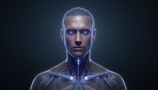 Displaying futuristic male cyborg portrait with glowing wireframe circuitry and plated torso