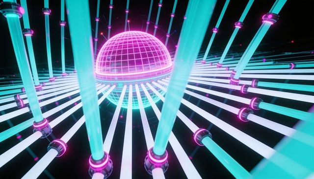 Neon cyber grid with pulsing magenta wireframe dome, cyan radial tubes, futuristic geometry