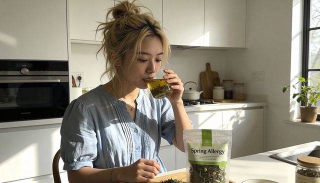 Woman sipping herbal tea in bright modern kitchen with spring allergy pouch