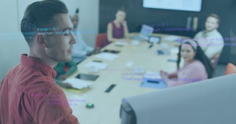 Digital Financial Data Analysis Meeting in Modern Office