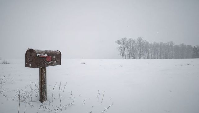 Lonely rusted mailbox in snowy rural field with red flag and distant bare trees, winter quiet