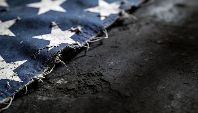 Fraying american flag stars on burnt concrete surface, evoking gritty patriotic decay