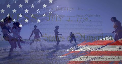 Diverse Friends Celebrate Freedom on Beach with USA Flag Overlay