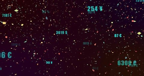 Neon currency labels floating amid confetti particles, futuristic digital finance backdrop
