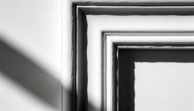 Sunlit painted molding catching diagonal shadow over recessed panel with peeling paint