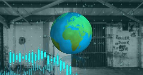 Global stylized globe and digital graphs in urban setting
