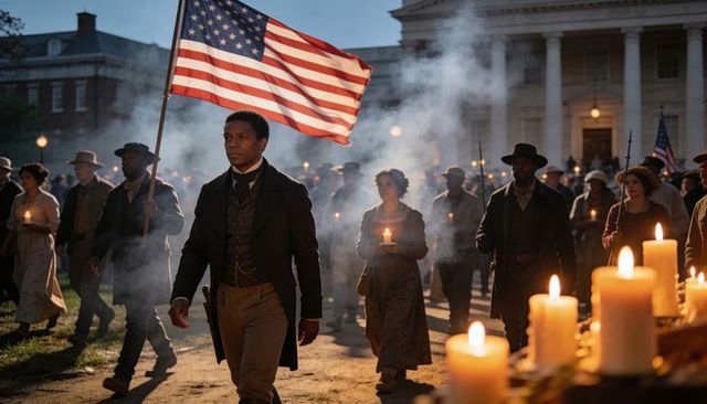 African american man carrying american flag leading 19th century candlelight procession at dusk