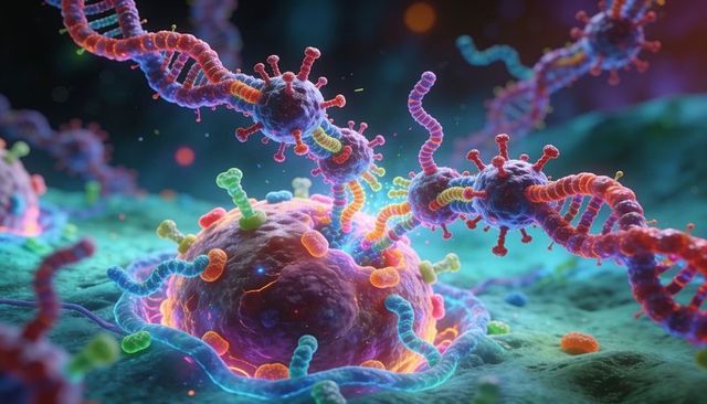 Virion binding to cell membrane and threading rna helices in neon molecular landscape