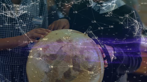 Children Exploring Globe with Digital Network Overlay