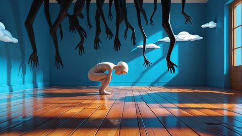 Surreal child exploration with dark elongated arms in white cloud blue room - shy concept