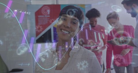 Futuristic Technology Overlay with Diverse Team in Modern Office