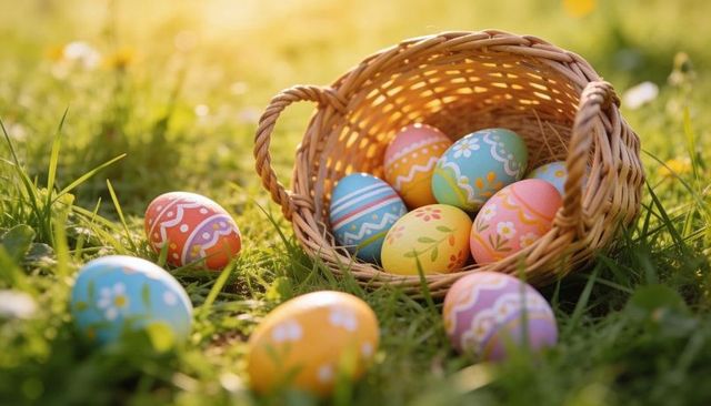Wicker basket spilling pastel decorated easter eggs on sunlit grass in spring meadow