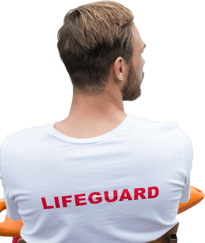 Rear View of Lifeguard Wearing Red-Text Shirt on Transparent Background