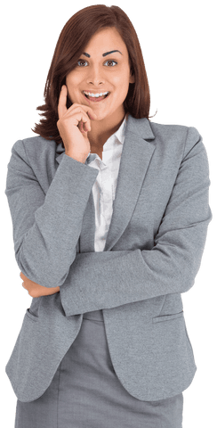 Transparent Businesswoman Smiling Wearing Gray Suit