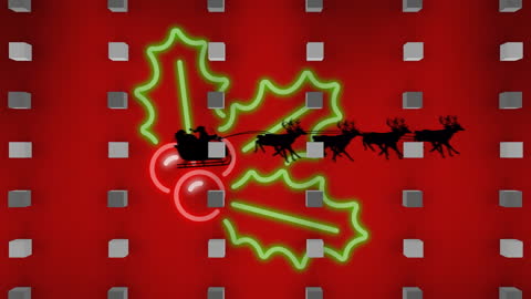 Neon Mistletoe and Santa Sleigh with Reindeer on Red