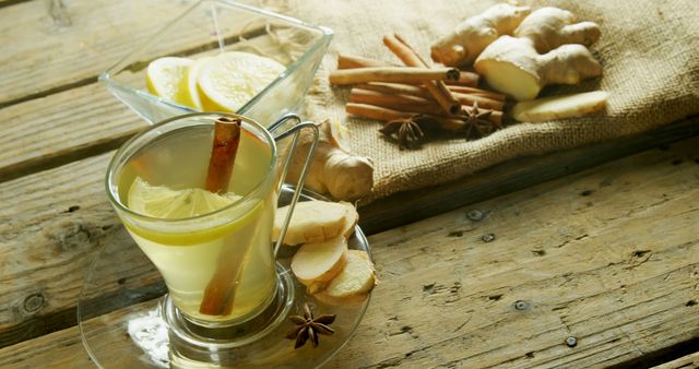 A glass of warm lemon ginger tea is accompanied by fresh ginger slices, lemon wedges, and cinnamon sticks on a rustic wooden table, with copy space. Warm drinks like this are often associated with health benefits and are popular remedies for colds and flu.