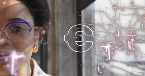 Woman Analyzing Digital Euro Interface with Futuristic Circuitry