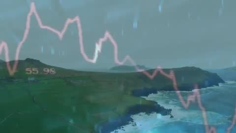 Dynamic Stock Chart Visualized Over Rainy Coastal Landscape