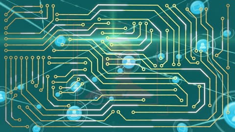 Digital Circuit Board with Network Icons and Connections