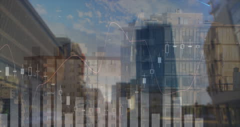 Financial Data Visualization Overlay on Modern Urban Skyline