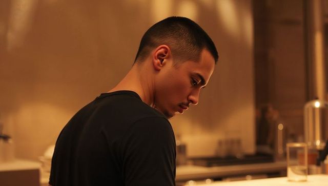 Asian man standing in warm kitchen wearing black tee looking down, intimate profile