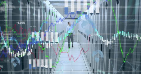 Digital Data Animation Overlaying Large Server Room