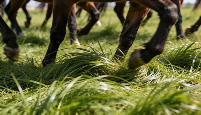 Ground-level close-up horses' hooves stamping through long sunlit grass, motion and texture