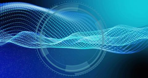 Cyan digital waveform hud scanning across particle grid and radial interface background