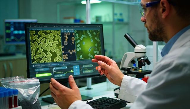 Scientist analyzing bacterial cultures on monitor while using microscope in modern lab