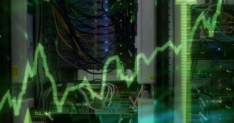 Server Rack Hosting Network Switches and Patch Panels with Green Analytics Overlay