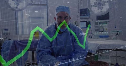 Surgeon in Operating Room with Green Digital Graph Overlay