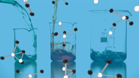 Animated Nucleotides Over Beakers with Pouring Liquids in Laboratory