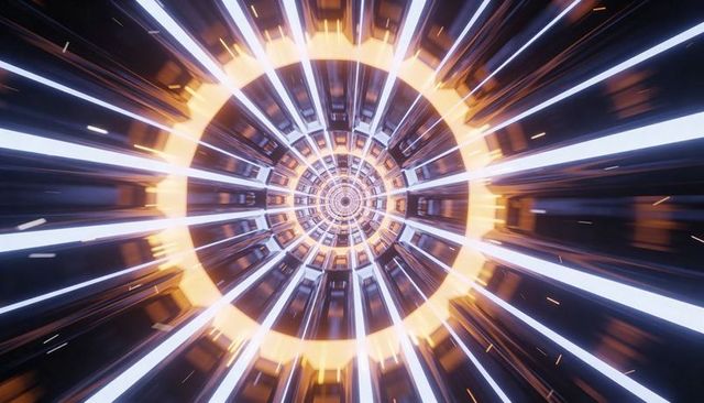 Futuristic energy tunnel featuring glowing amber ring and radial blue light streaks