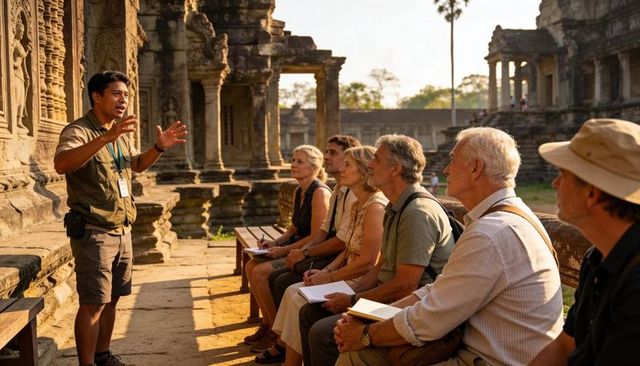 Temple tour guide leading seniors through ancient stone carvings and colonnades at sunrise
