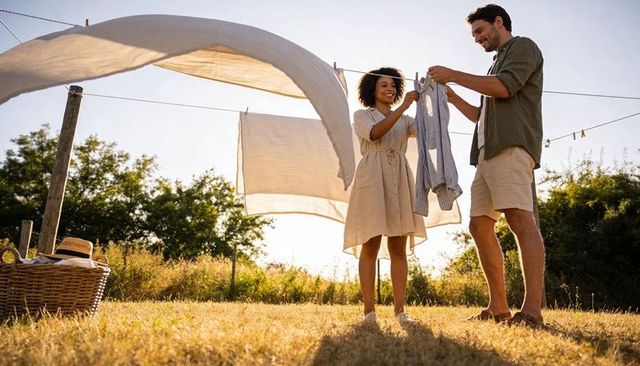 Couple hanging laundry on backyard clothesline at golden hour, sunlit summer chore