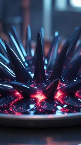 Ferrofluid forming spiky peaks under changing magnetic field with neon red glow | Vertical video