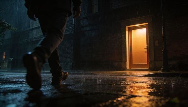 Mysterious night rain walk: lone figure crossing wet urban street toward warm lit doorway