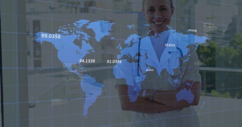 Caucasian Female Doctor with Global Data Overlay in Hospital