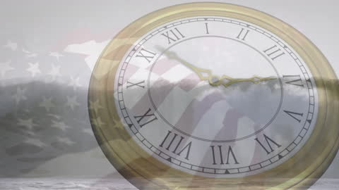 Clock Overlaying US Flag and Forest Scenic Time Concept