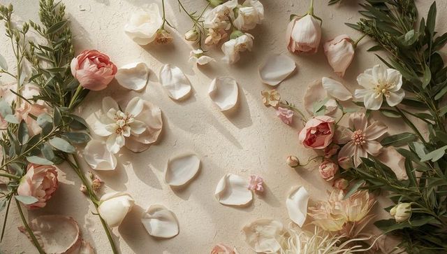 Pastel peony and rose flatlay with scattered petals, eucalyptus and ivory peach blooms