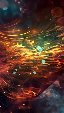 Vertical abstract video: golden filaments flowing through cosmic nebula with cyan cubes