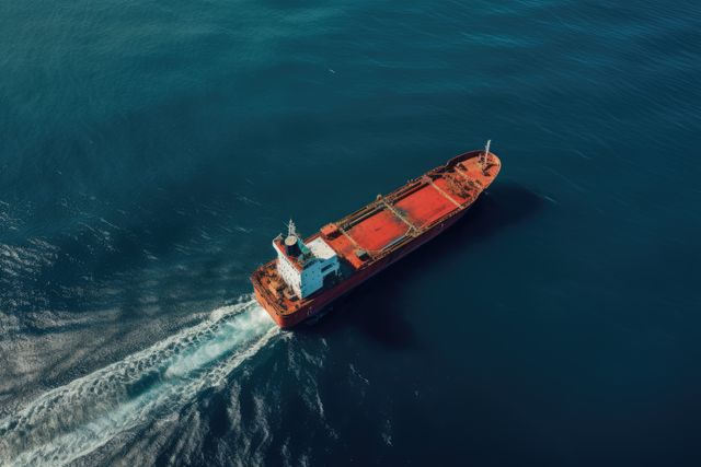 Aerial view of a large cargo ship sailing smoothly in the open sea, creating a visible wake. Ideal for use in contexts related to maritime transportation, international trade, and global shipping logistics. This image can support articles, websites, and marketing materials focused on commerce, shipping, and naval industries.
